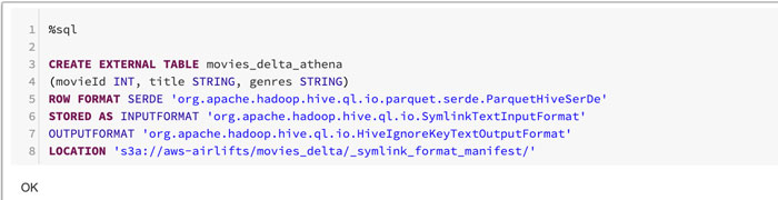 在连接到Athena的Hive metastore中创建一个表，使用特殊格式SymlinkTextInputFormat和manifest文件位置